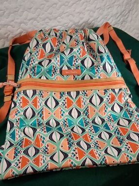Vera Bradley Teal, Orange and Navy Geometric Fish Drawstring Backpack
